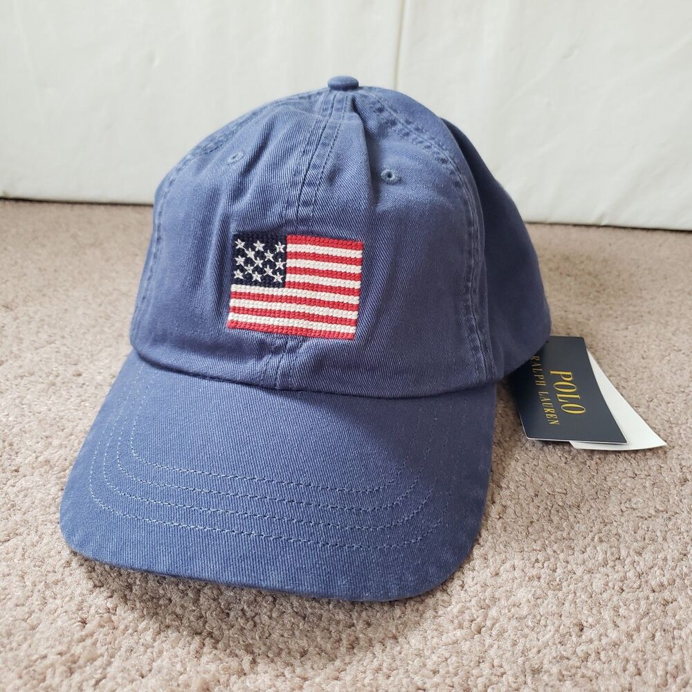 NWT Polo Ralph Lauren Flag Embroidered Twill Light Navy Ball Cap Hat Iconic USA